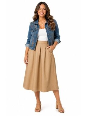 Vintage 1980s Barry Bricken Tan Khaki A-Line Midi Circle Skirt XS fits 26” waist